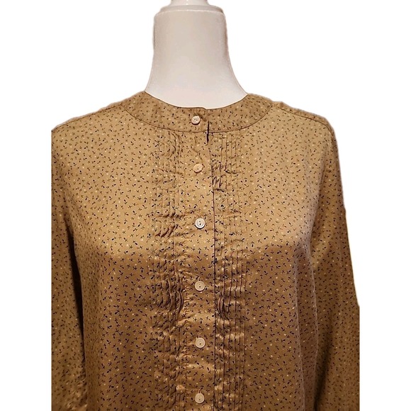 LL Bean Shirt Dress Retro Cottage‎ Prairie Boho Silk Drop Waist Floral Tan Sz 6 - Picture 3 of 13